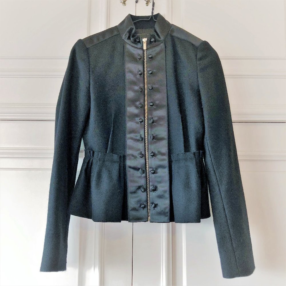 100% Wool BCBG MaxAzria Peplum Military Jacket with Satin Detailing XXS